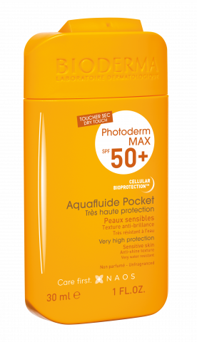 BIODERMA product photo, Photoderm MAX Aquafluide pocket SPF 50+ 30ml, light sunscreen for sensitive skin